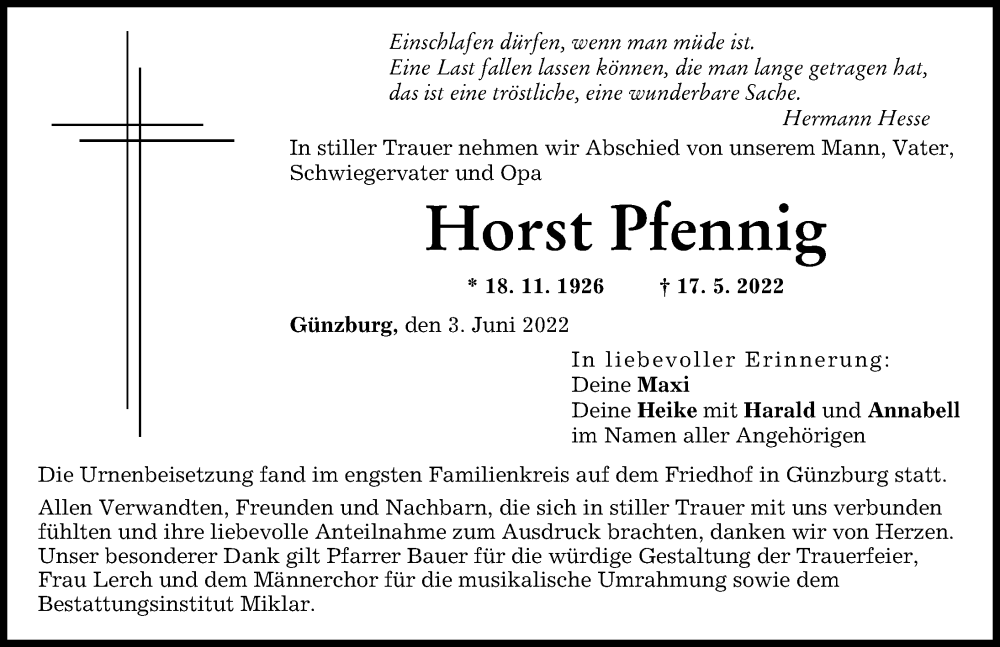Traueranzeige von Horst Pfennig von Günzburger Zeitung