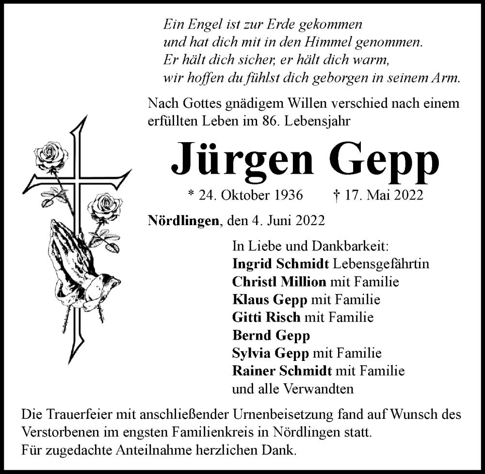 Traueranzeige von Jürgen Gepp von Rieser Nachrichten