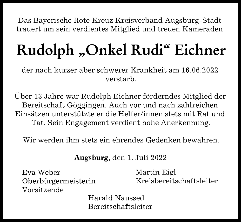 Traueranzeigen Von Rudolph Eichner Augsburger Allgemeine Zeitung