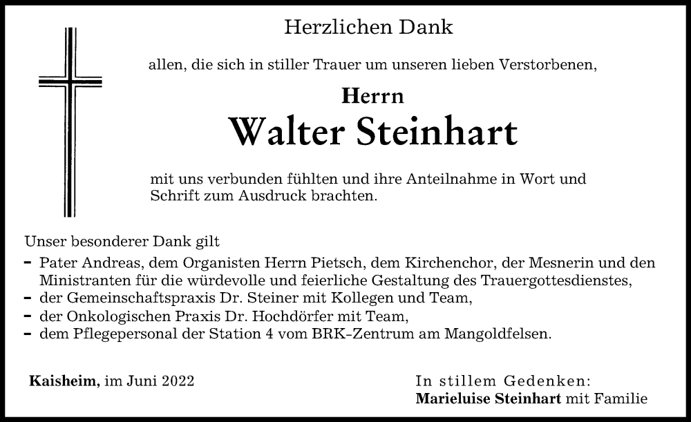 Traueranzeige von Walter Steinhart von Donauwörther Zeitung