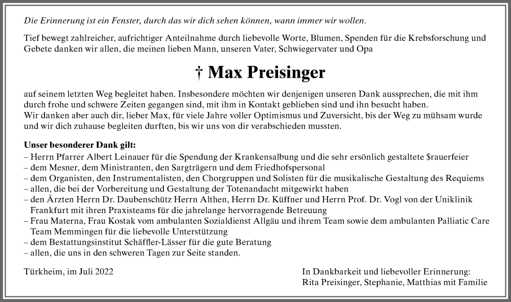 Traueranzeigen Von Max Preisinger Augsburger Allgemeine Zeitung