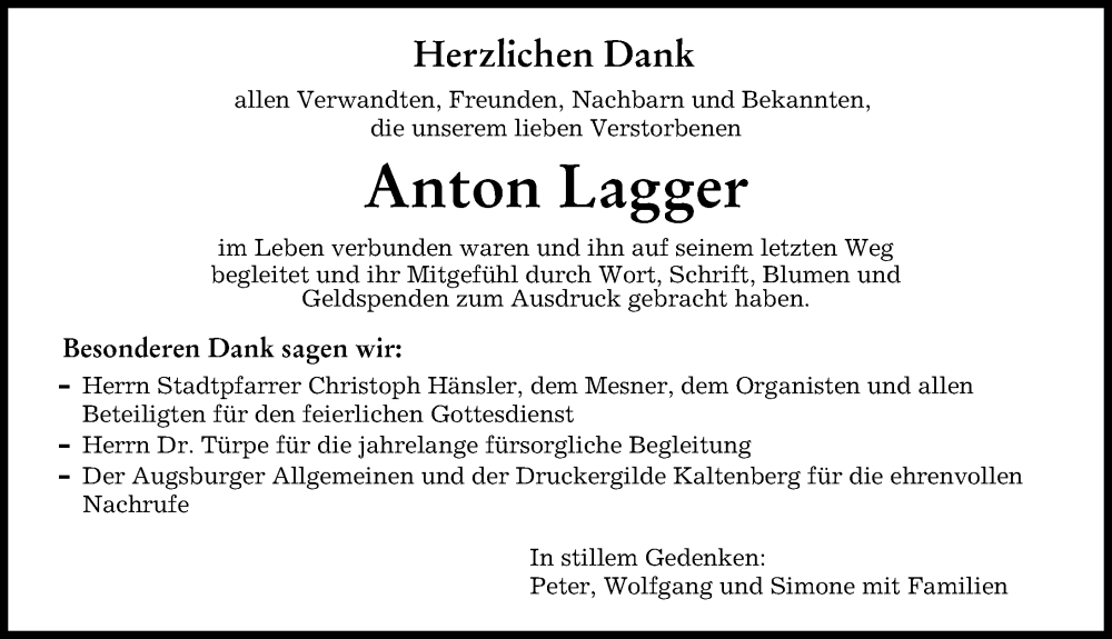 Traueranzeigen Von Anton Lagger Augsburger Allgemeine Zeitung