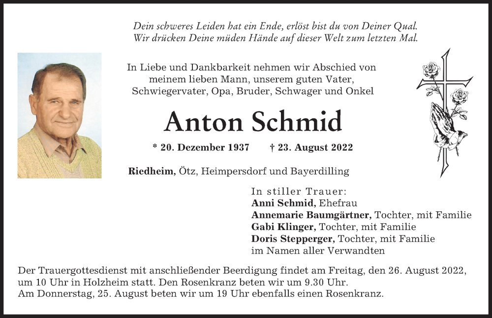 Traueranzeigen Von Anton Schmid Augsburger Allgemeine Zeitung