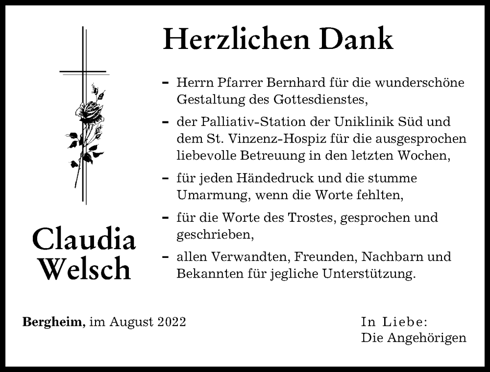 Traueranzeigen Von Claudia Welsch Augsburger Allgemeine Zeitung