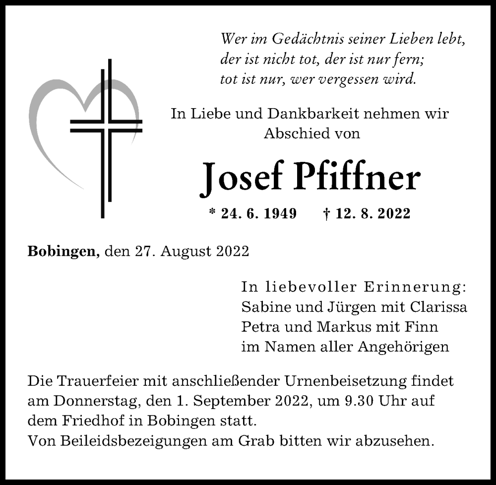 Traueranzeigen Von Josef Pfiffner Augsburger Allgemeine Zeitung