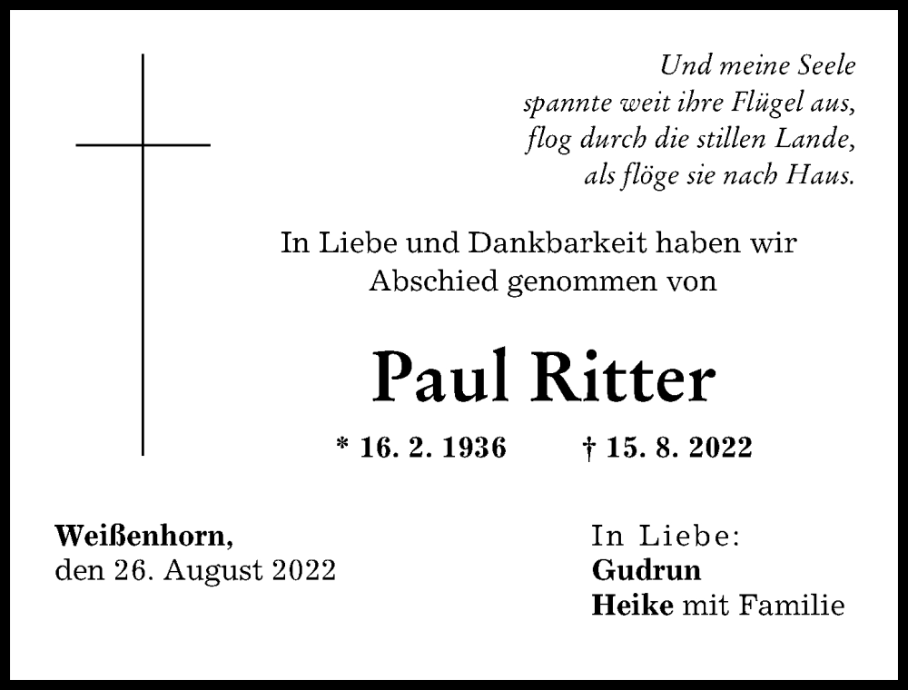 Traueranzeigen Von Paul Ritter Augsburger Allgemeine Zeitung