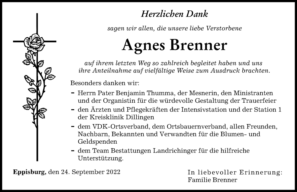 Traueranzeigen Von Agnes Brenner Augsburger Allgemeine Zeitung