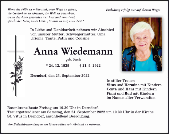 Traueranzeigen Von Anna Wiedemann Augsburger Allgemeine Zeitung