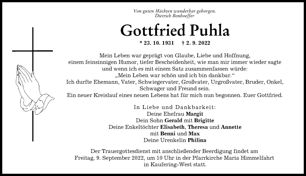 Traueranzeigen Von Gottfried Puhla Augsburger Allgemeine Zeitung