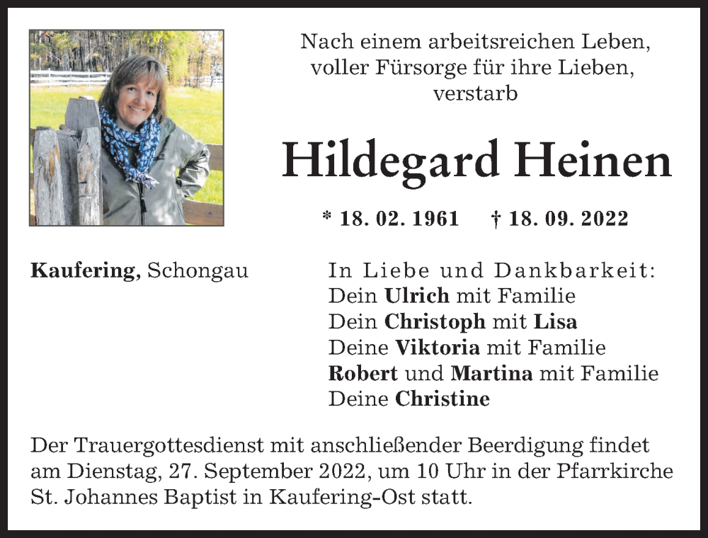 Traueranzeigen Von Hildegard Heinen Augsburger Allgemeine Zeitung