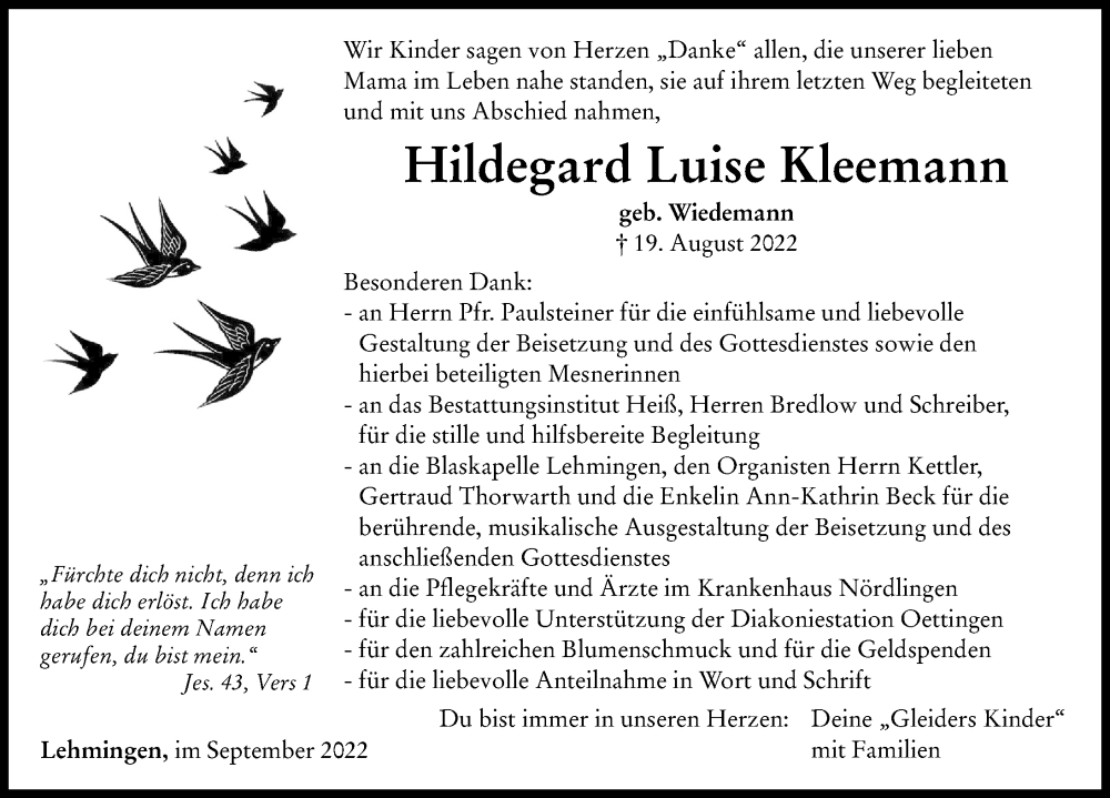 Traueranzeigen Von Hildegard Luise Kleemann Augsburger Allgemeine Zeitung