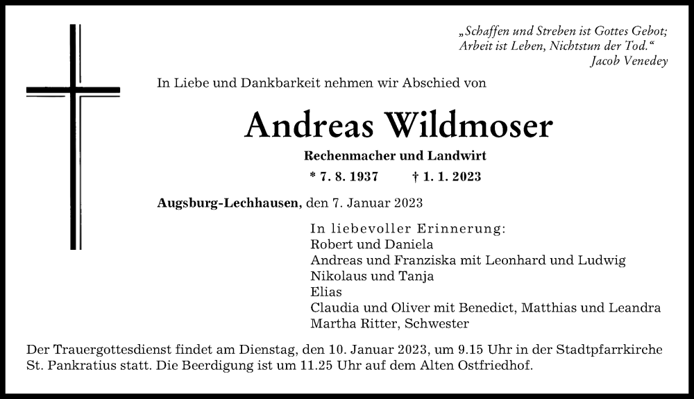 Traueranzeigen Von Andreas Wildmoser Augsburger Allgemeine Zeitung