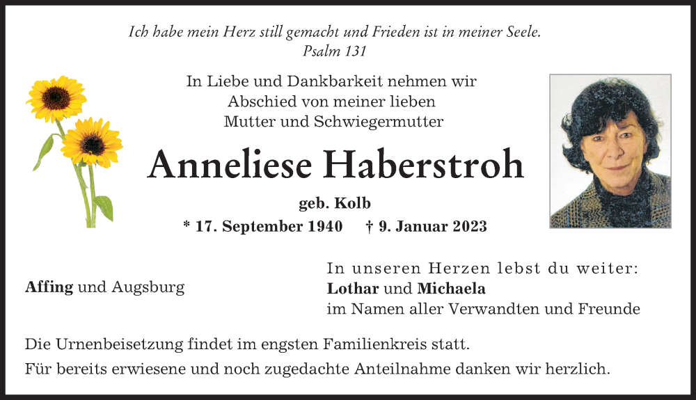 Traueranzeigen Von Anneliese Haberstroh Augsburger Allgemeine Zeitung