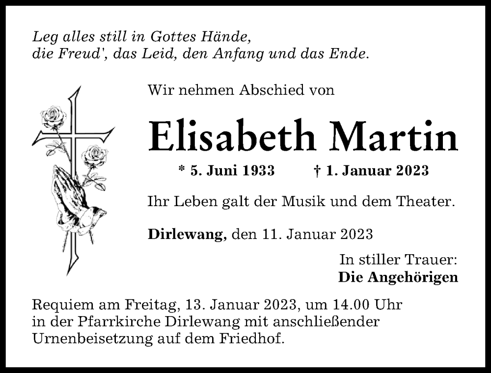 Traueranzeigen Von Elisabeth Martin Augsburger Allgemeine Zeitung