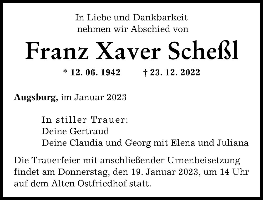 Traueranzeigen von Franz Xaver Scheßl Augsburger Allgemeine Zeitung