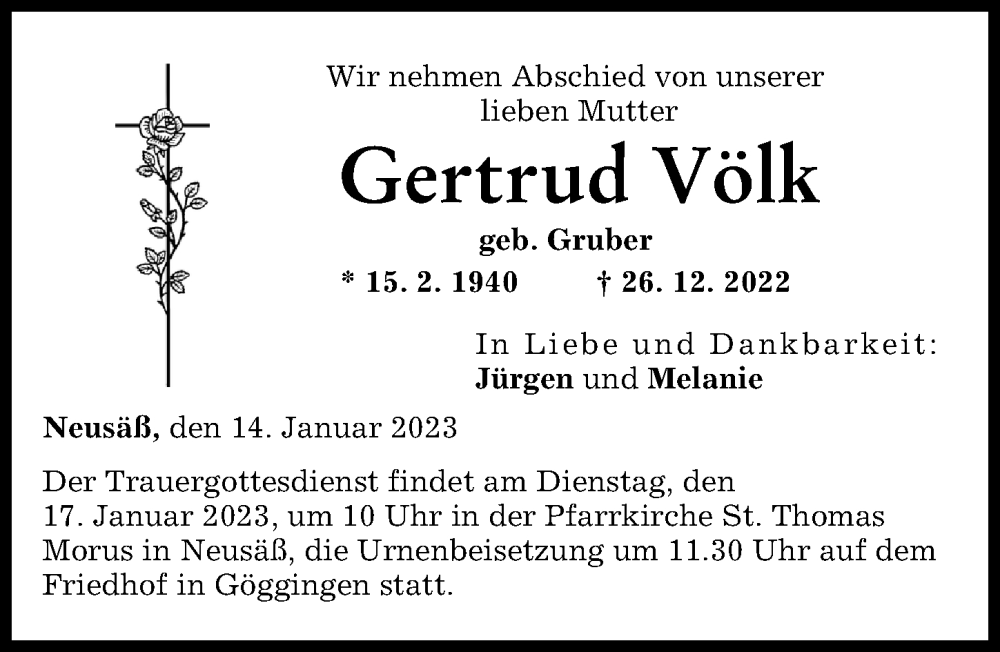 Traueranzeigen Von Gertrud V Lk Augsburger Allgemeine Zeitung