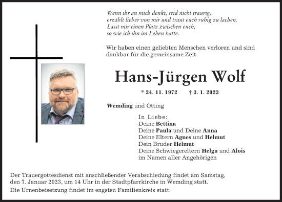 Traueranzeigen Von Hans J Rgen Wolf Augsburger Allgemeine Zeitung