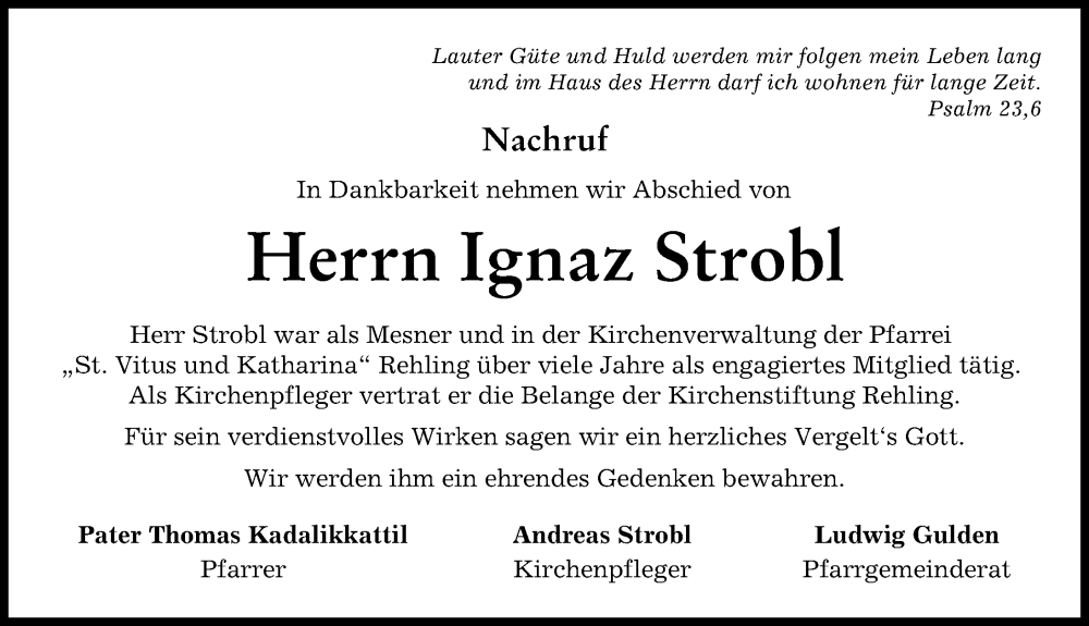 Traueranzeigen Von Ignaz Strobl Augsburger Allgemeine Zeitung