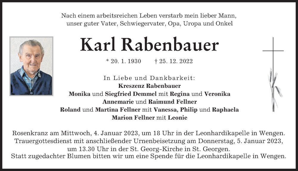 Traueranzeigen Von Karl Rabenbauer Augsburger Allgemeine Zeitung