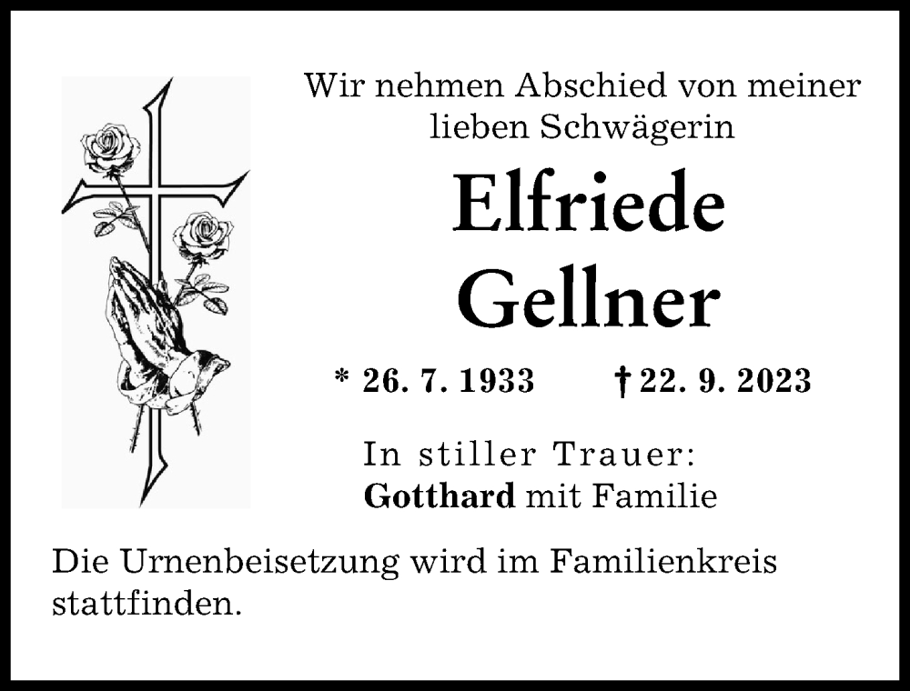 Traueranzeigen Von Elfriede Gellner Augsburger Allgemeine Zeitung