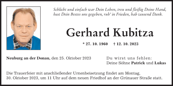 Traueranzeigen Von Gerhard Kubitza Augsburger Allgemeine Zeitung