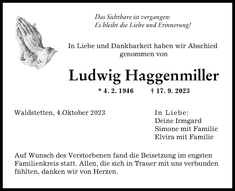 Traueranzeigen Von Ludwig Haggenmiller Augsburger Allgemeine Zeitung