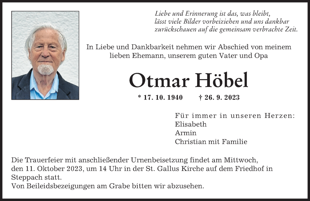 Traueranzeigen von Otmar Höbel Augsburger Allgemeine Zeitung