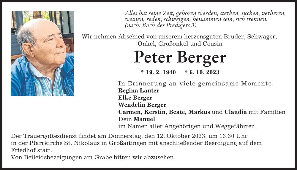 Traueranzeigen Von Peter Berger Augsburger Allgemeine Zeitung