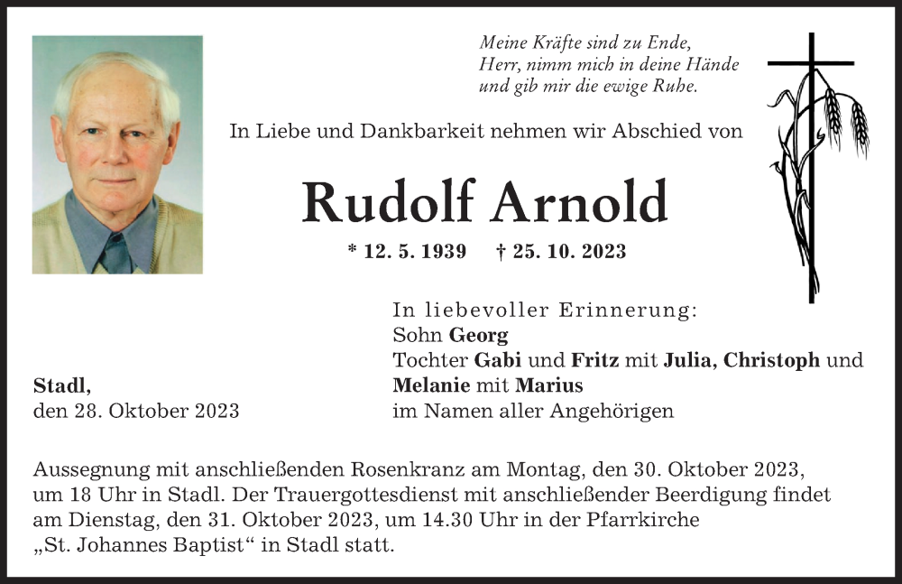 Traueranzeigen Von Rudolf Arnold Augsburger Allgemeine Zeitung