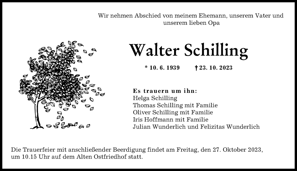 Traueranzeigen Von Walter Schilling Augsburger Allgemeine Zeitung