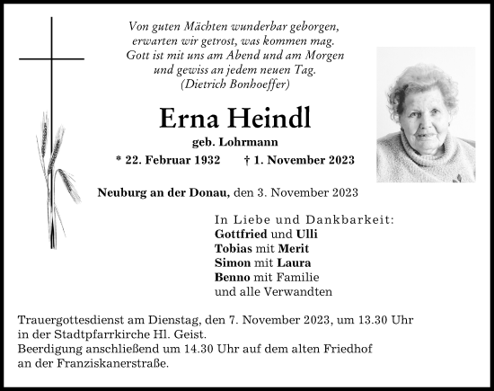 Traueranzeigen Von Erna Heindl Augsburger Allgemeine Zeitung