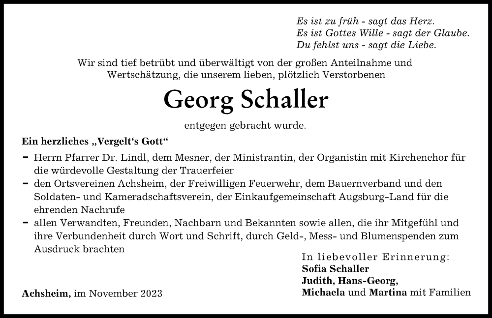 Traueranzeigen Von Georg Schaller Augsburger Allgemeine Zeitung