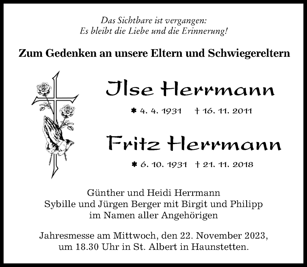 Traueranzeigen Von Ilse Herrmann Augsburger Allgemeine Zeitung