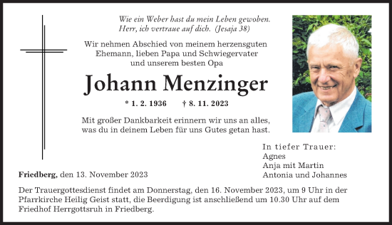 Traueranzeigen Von Johann Menzinger Augsburger Allgemeine Zeitung