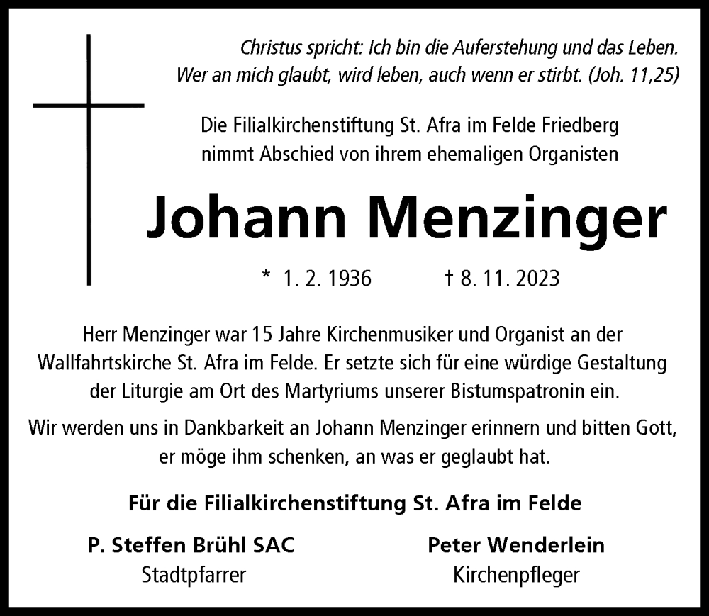 Traueranzeigen Von Johann Menzinger Augsburger Allgemeine Zeitung