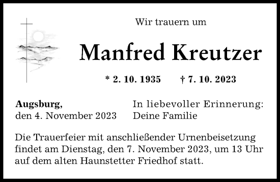 Traueranzeigen Von Manfred Kreutzer Augsburger Allgemeine Zeitung