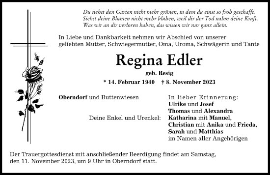 Traueranzeigen Von Regina Edler Augsburger Allgemeine Zeitung