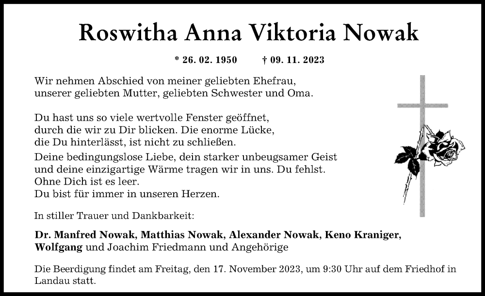 Traueranzeigen Von Roswitha Anna Viktoria Nowak Augsburger Allgemeine