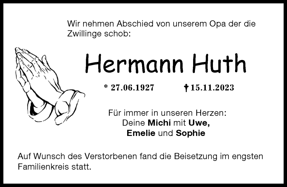 Traueranzeigen Von Hermann Huth Augsburger Allgemeine Zeitung