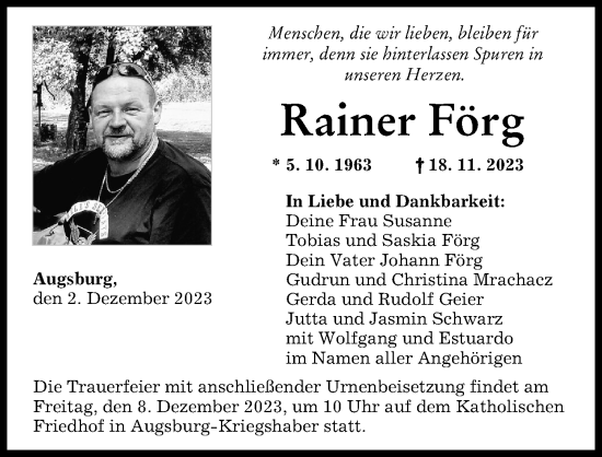 Traueranzeigen Von Rainer F Rg Augsburger Allgemeine Zeitung