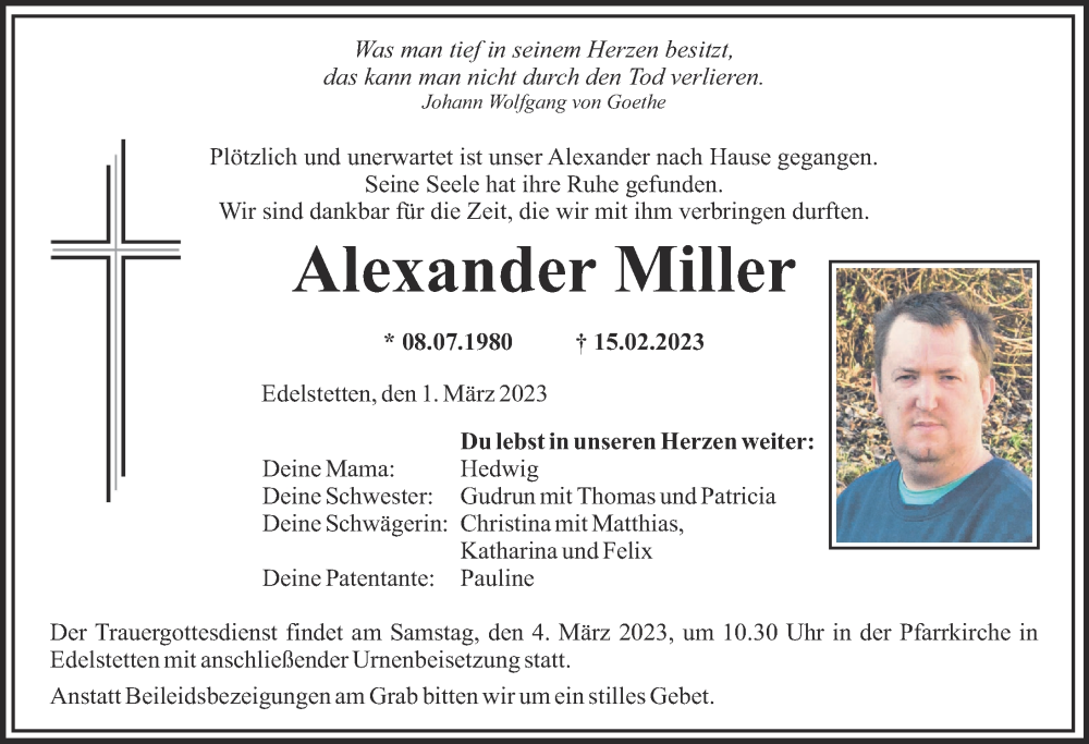 Traueranzeigen Von Alexander Miller Augsburger Allgemeine Zeitung