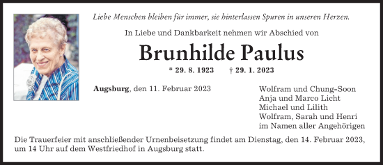 Traueranzeigen Von Brunhilde Paulus Augsburger Allgemeine Zeitung