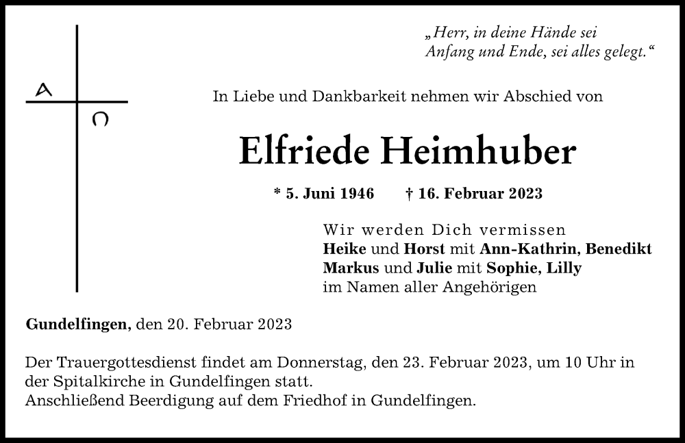 Traueranzeigen Von Elfriede Heimhuber Augsburger Allgemeine Zeitung