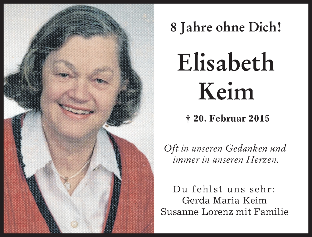 Traueranzeigen Von Elisabeth Keim Augsburger Allgemeine Zeitung