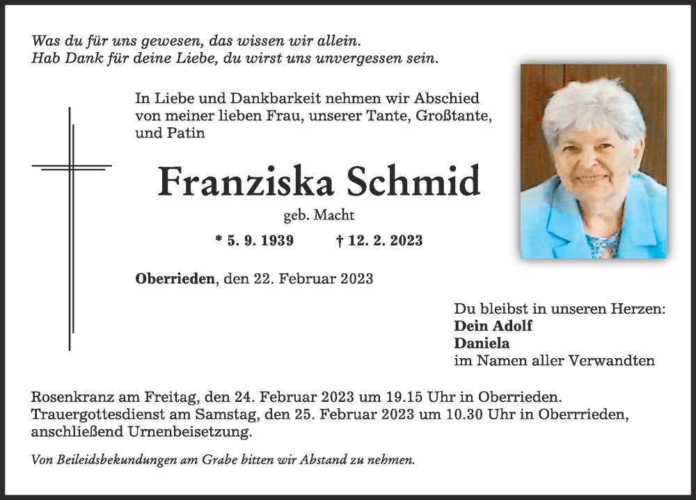 Traueranzeigen Von Franziska Schmid Augsburger Allgemeine Zeitung