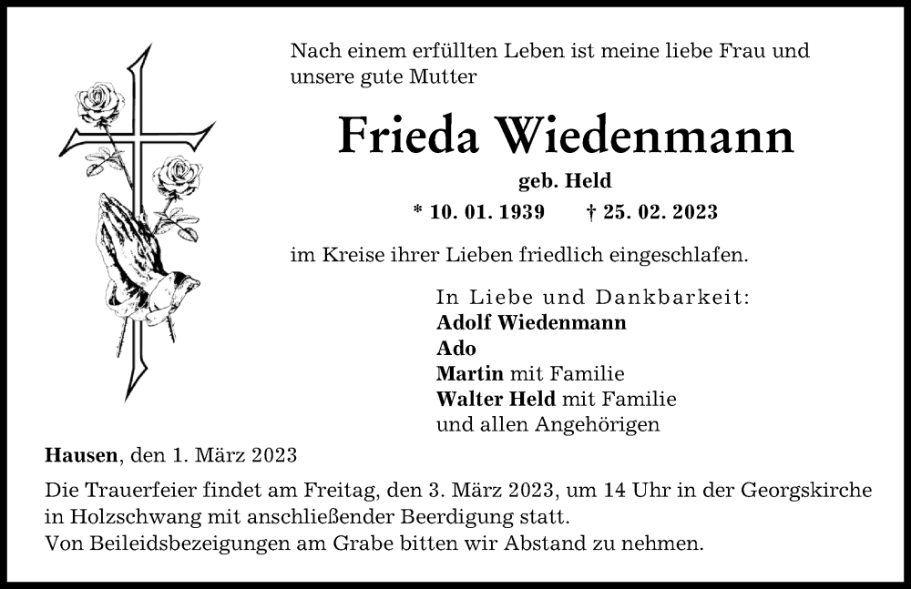 Traueranzeigen Von Frieda Wiedenmann Augsburger Allgemeine Zeitung