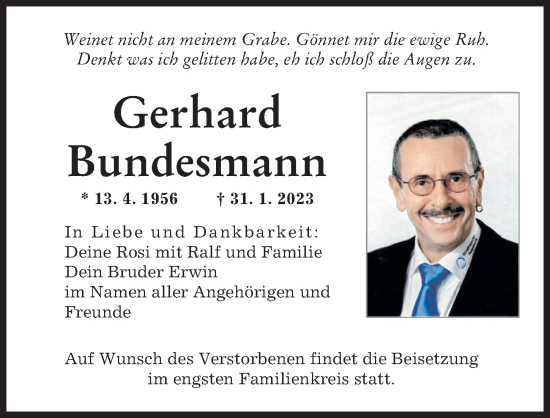 Traueranzeigen Von Gerhard Bundesmann Augsburger Allgemeine Zeitung