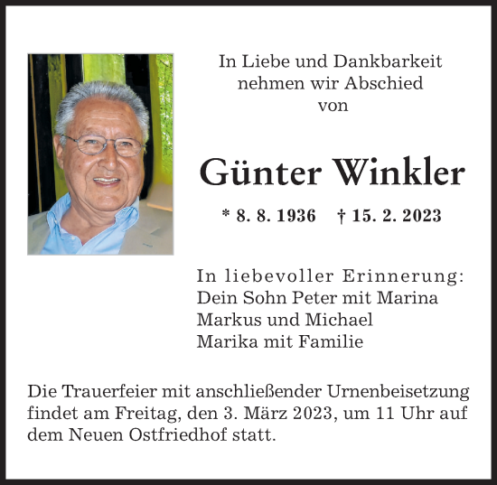 Traueranzeigen von Günter Winkler Augsburger Allgemeine Zeitung