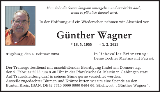 Traueranzeigen von Günther Wagner Augsburger Allgemeine Zeitung