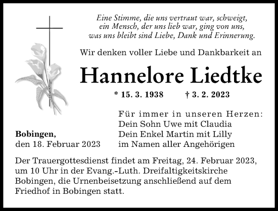 Traueranzeigen Von Hannelore Liedtke Augsburger Allgemeine Zeitung